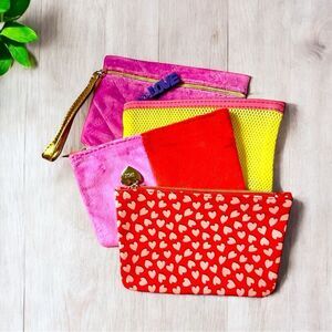 NEW Ipsy ~ 4 Glam Bags ~ Hearts Pink Yellow Neon Net Fuzzy Red ~ Makeup Pouch
